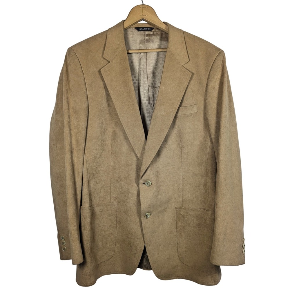 Halston Vintage 1970s‎ Halsuede Men's Tan faux Suede Blazer Jacket Size Large